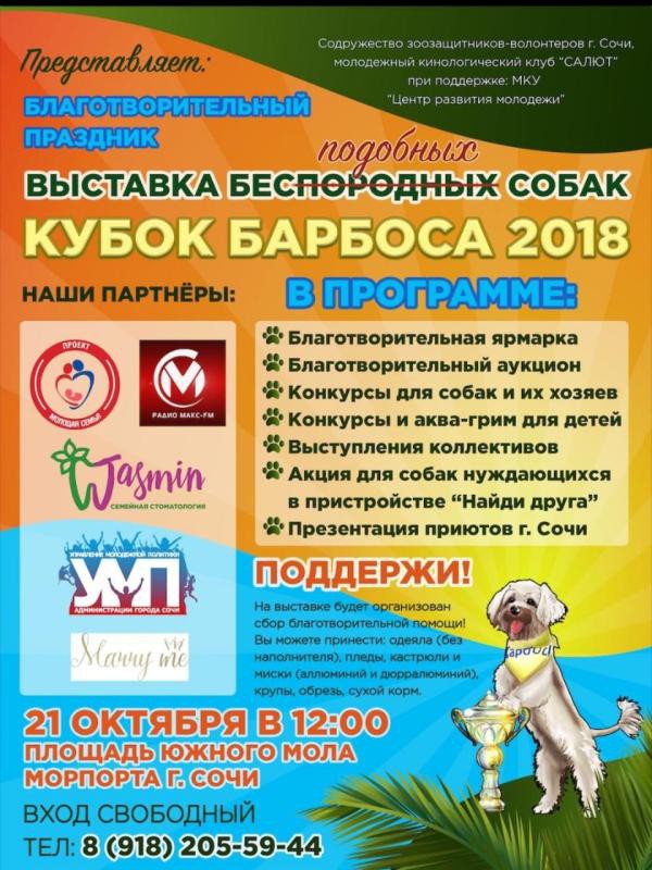 Четвертая ежегодная благотворительная выставка беспородных собак КУБОК БАРБОСА - 2018 Четвертая ежегодная благотворительная выставка беспородных собак КУБОК БАРБОСА - 2018