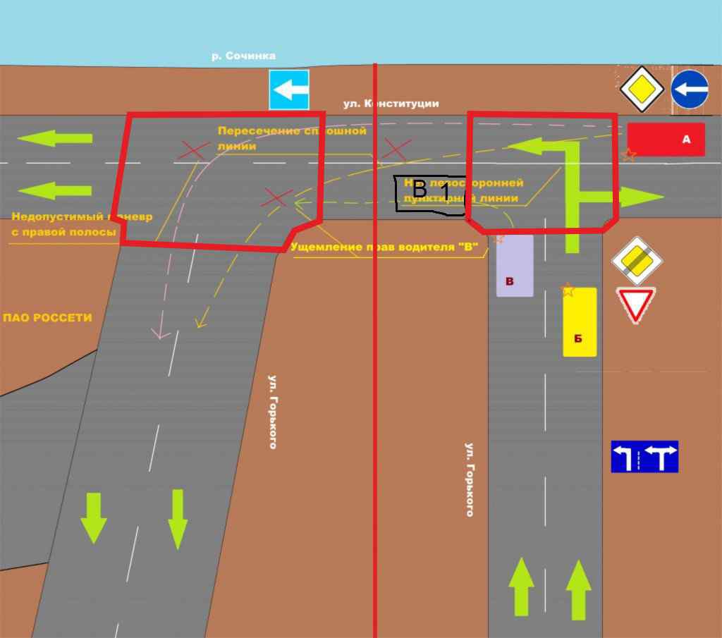 Перекресток Горького и Конституции. Нелепая разметка. Надо что-то менять.