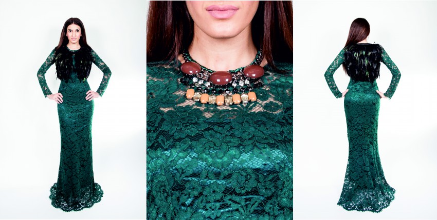 Платье - 9999 руб. Колье - 1499 руб. Болеро - 2299 руб.